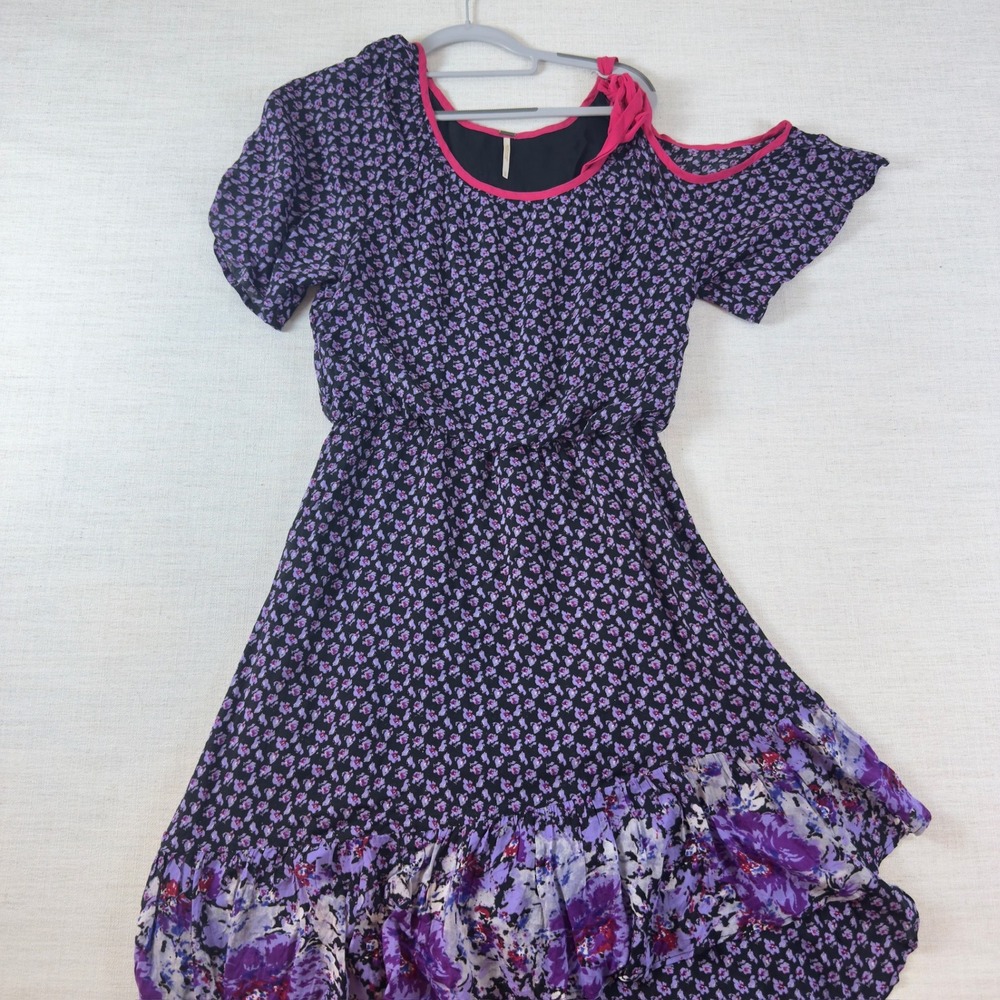 Free People Cold Shoulder Floral Ruffle Mini Dress Purple Pink Small